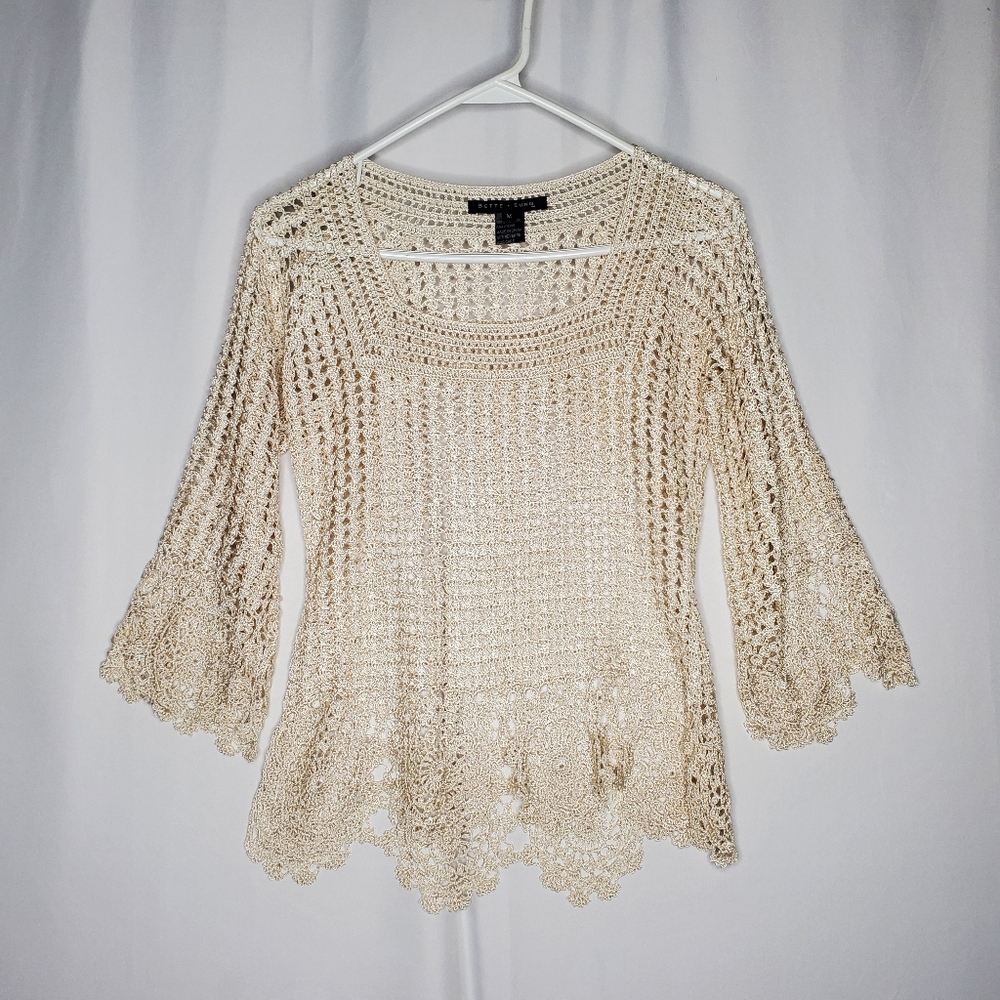 Bette Sung Crochet Top Medium Flare Sleeve Granny Square Sheer Cottagecore Y2K‎